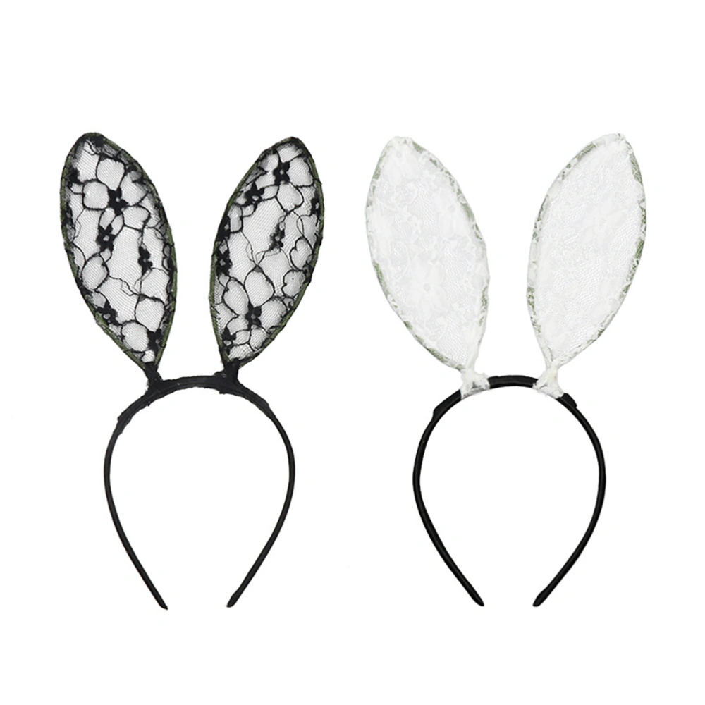 2pcs Rabbit Ear Headband Sexy Lace Hair Band Headwear Women Hair Accessories Bunny Ears Girls Hair Hoop(Black,White)