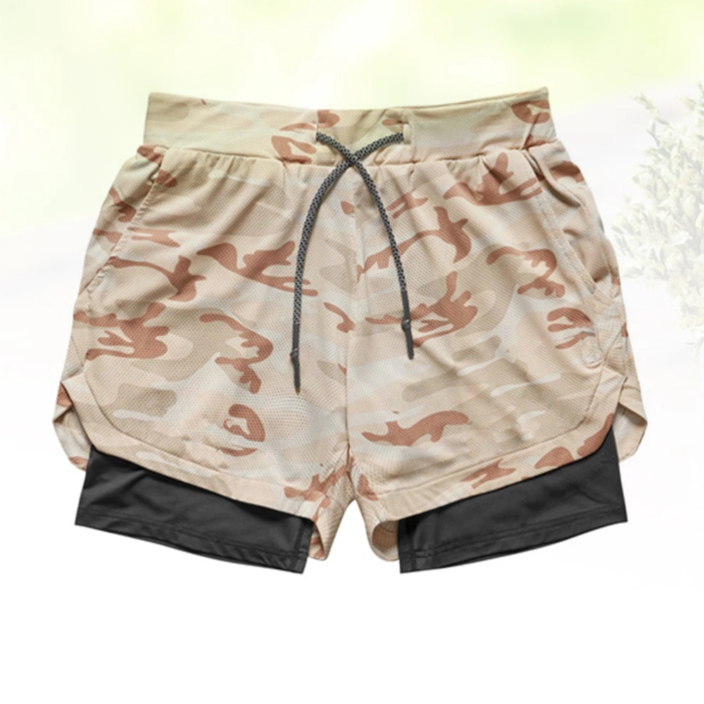 Fashion Leisure Beach Shorts Male Breathable Trunks Pockets Sports Running Trunk Adjustable Rope Exercise Short Pants for Man Summer (Camouflage Khaki, Size XL)