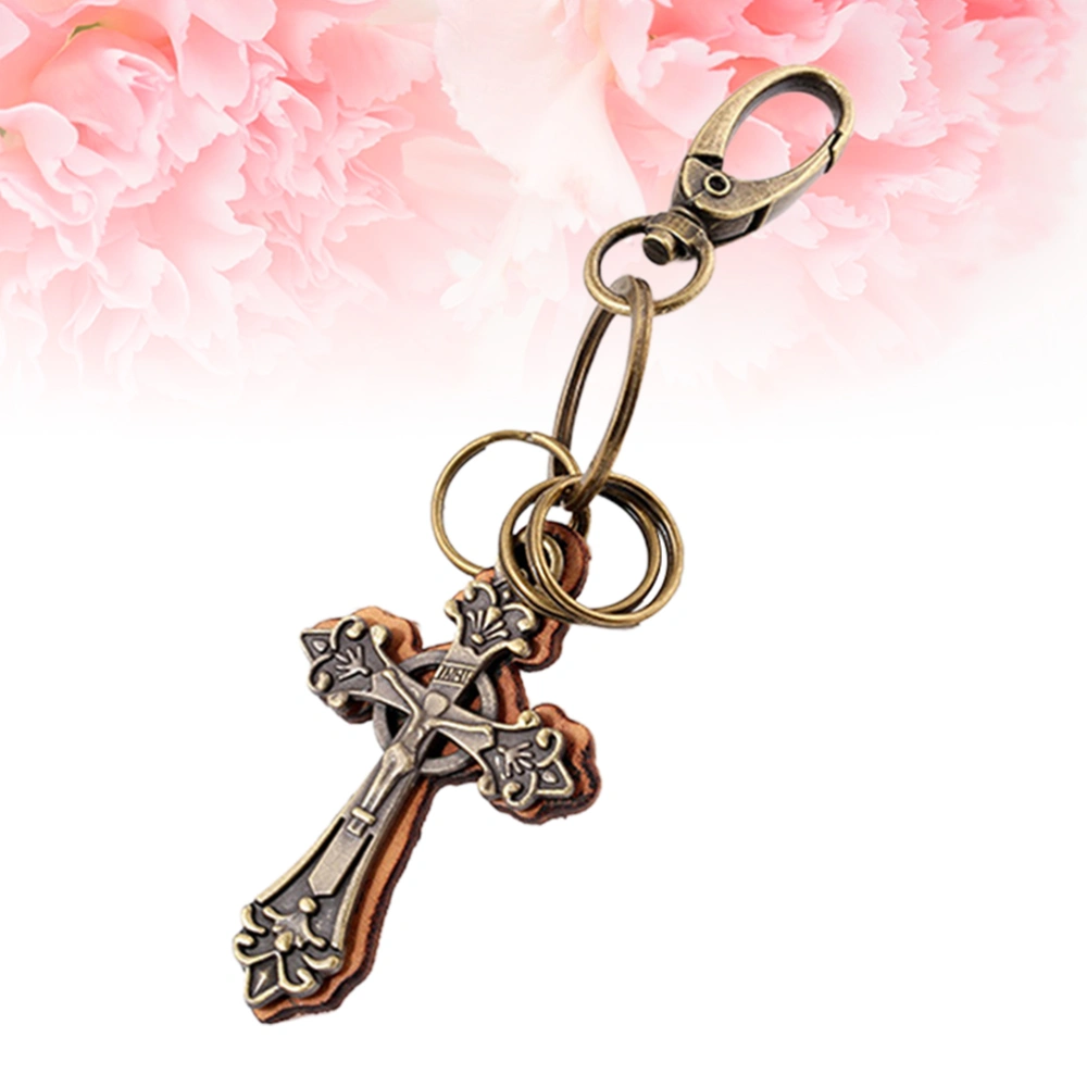 1Pc Retro Genuine Leather Cross Pendant Unique Punk Style Hanging Decoration Leather Cross Keychain