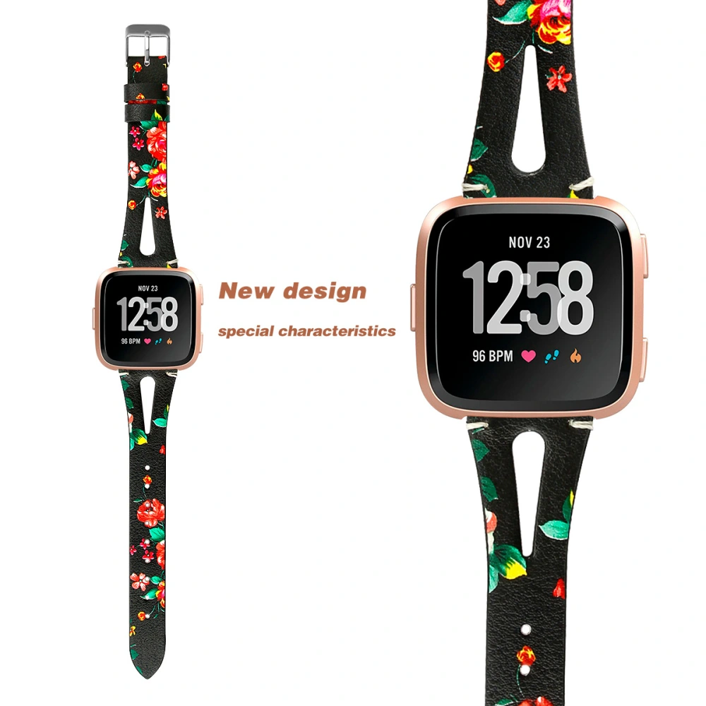 Leather Watch Strap Middle Open Metal Buckle Replacement Watchband Wrist Band Compatible for Fitbit Versa Smart Watch (Red Flowers)