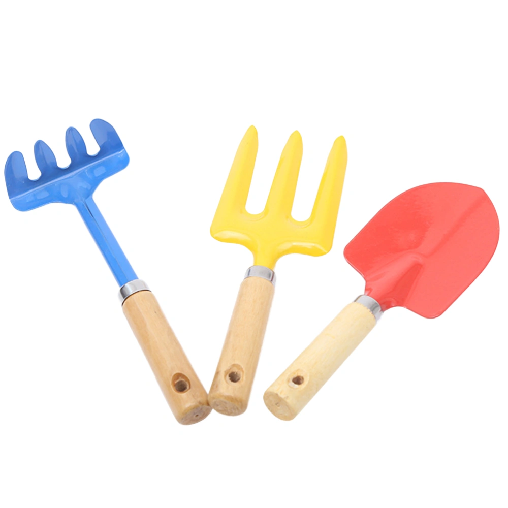 3PCS Colorful Carbon Steel Gardening Tools Portable Planting Flowers Tools Wooden Handle Spade Shovel Rake for Home Garden