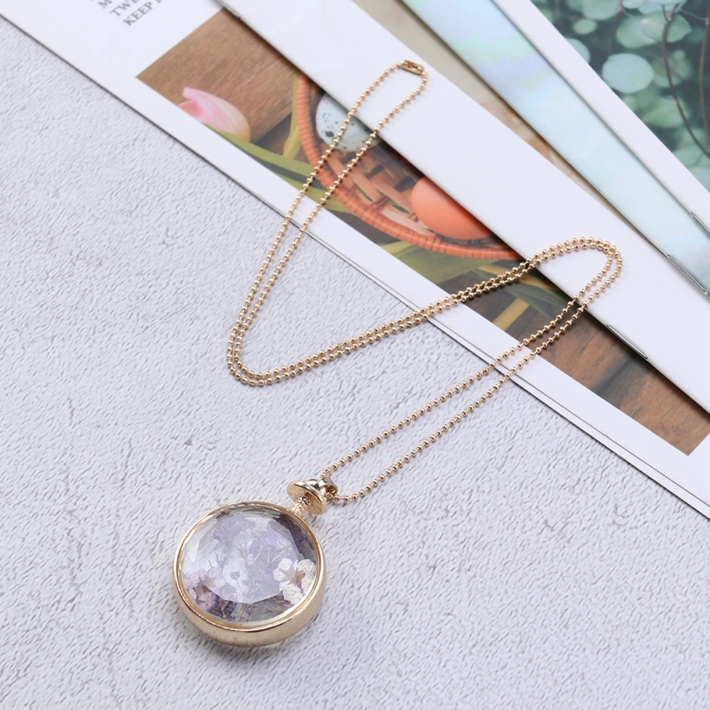 Round Shape Dried Flower Necklace Glass Perfume Bottle Pendant Necklace (Purple Baby's Breath)