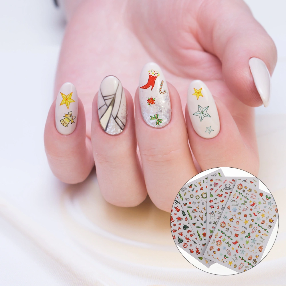 4 Sheets Christmas 3D Manicure Stickers Adhesive Nail Art Decals Nail Sticker