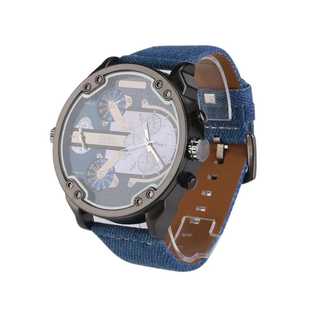 Oulm 3548 Men's Boys Big Round Dial Dual Time Display Quartz Wrist Watch with Cloth Band (Blue)