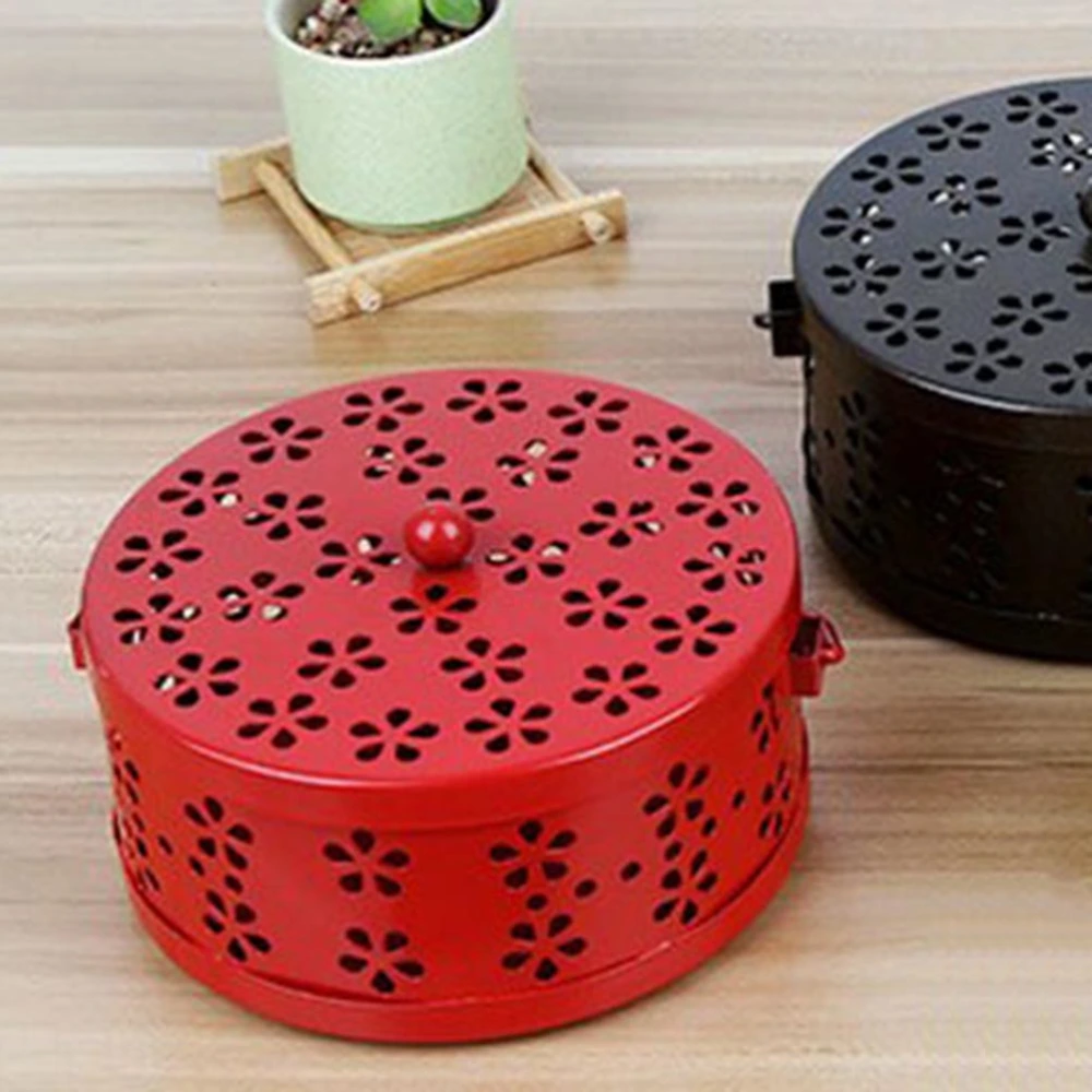 Retro Fireproof Mosquito Coil Box with Handle Metal Hollow Out Mosquito Coil Holder Incense Burner Case (Red)