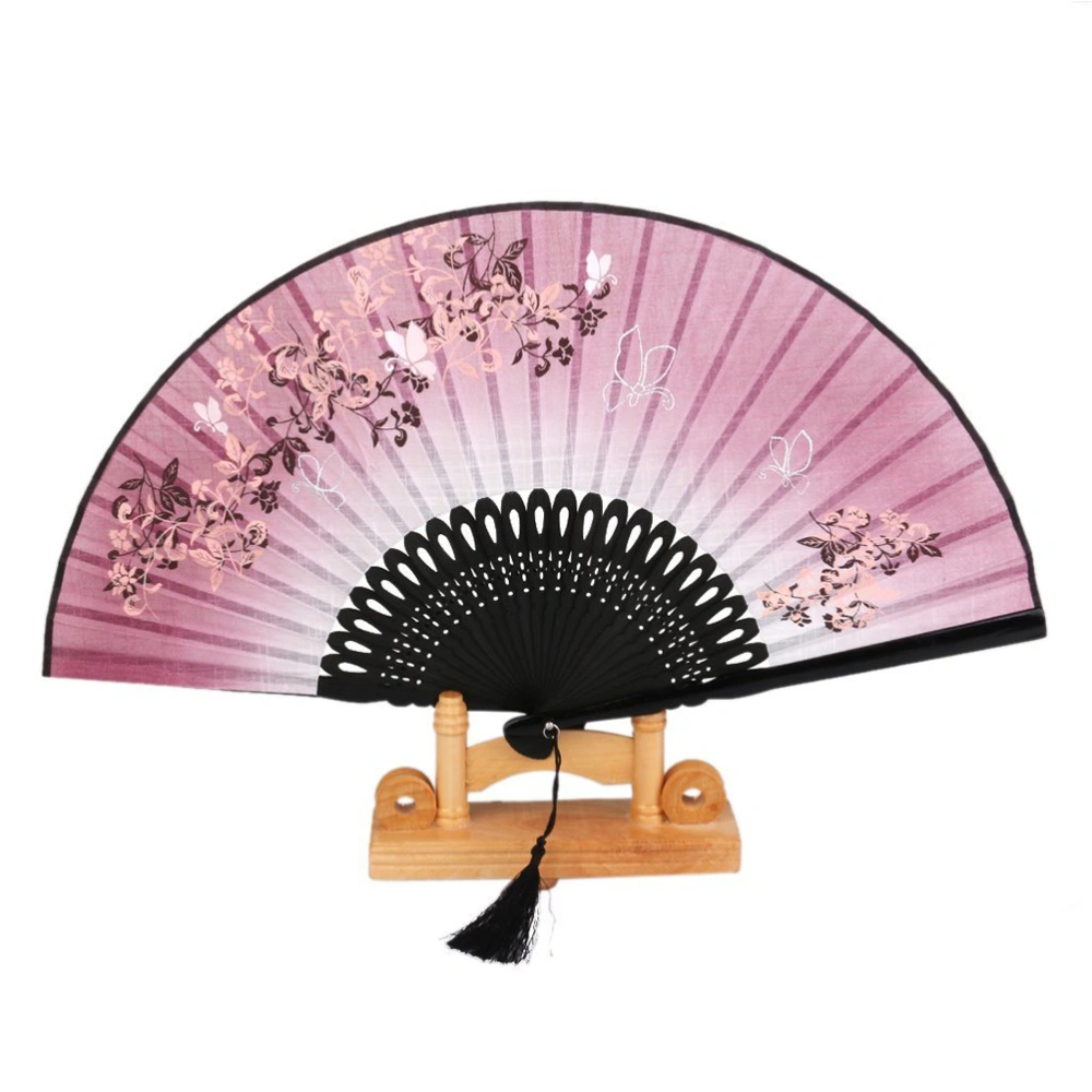 Women and Flower Style Folding Bamboo Hand Fan with Tassel (Wine Red+Black)