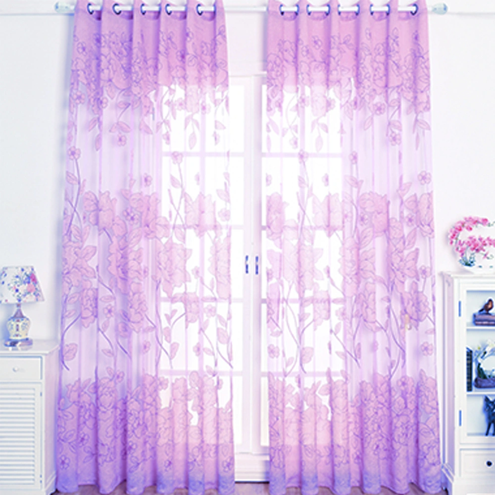 Half Shaded Jacquard Curtain Cut Flowers Sheer Punching Curtains Window Screen Window Gauze Door Scarf Drapes Valance For Room Decor - Size 100*270CM (light Purple)