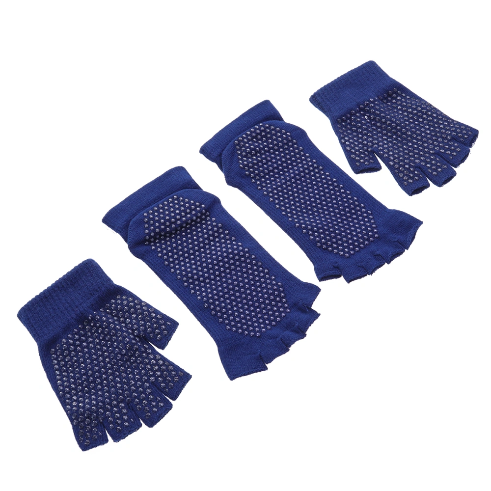 Fashion Women Yoga Socks Five Fingers Silicone Dots Non-slip Gloves with Cotton Socks Sports Fitness Half Finger Gloves(Y041-Blue,Free Size)