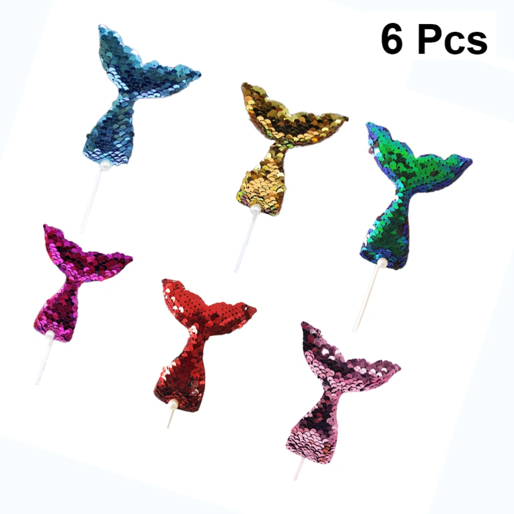 6pcs Chic Sequin Mermaid Cake Toppers Dessert Toppers Cake Picks Party Supplies for Wedding Birthday Festival