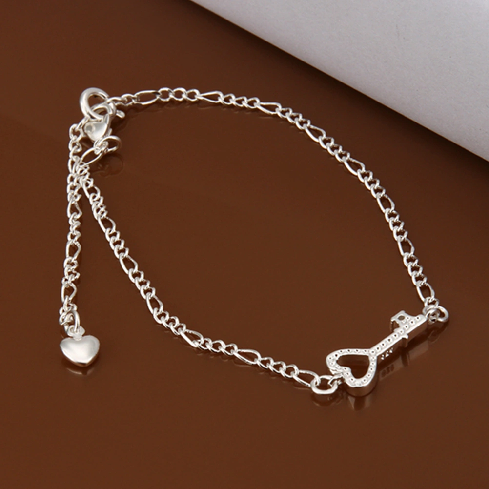Silver Ankle Bracelet Fashionable Anklet with Key-shaped Decoration and Extender Chic Foot Chain Jewelry for Women