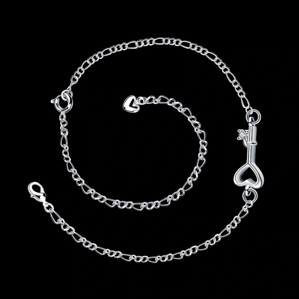 Silver Ankle Bracelet Fashionable Anklet with Key-shaped Decoration and Extender Chic Foot Chain Jewelry for Women