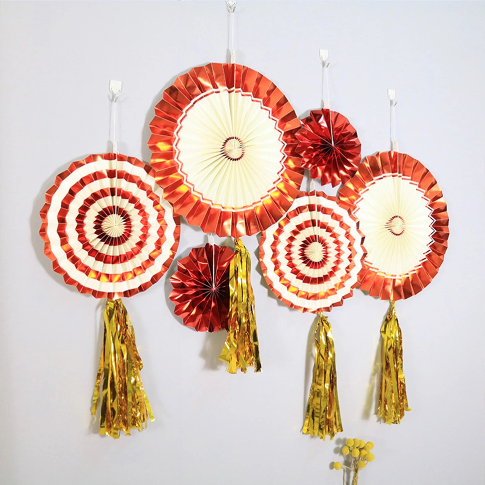 6Pcs Handmade Paper Flower Fans Delicate Gold Stamping Paper Fans Chinese Style Red Hanging Paper Fans Decoration for Birthday Party Wedding