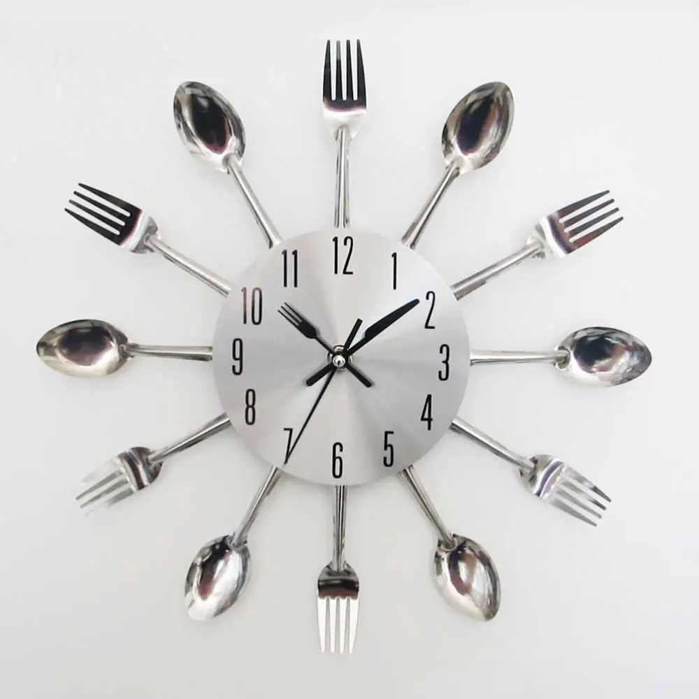 Stainless Steel Clock Knives and Forks Shaped Timer Creative Clock Decorative Hanging Clock Silver