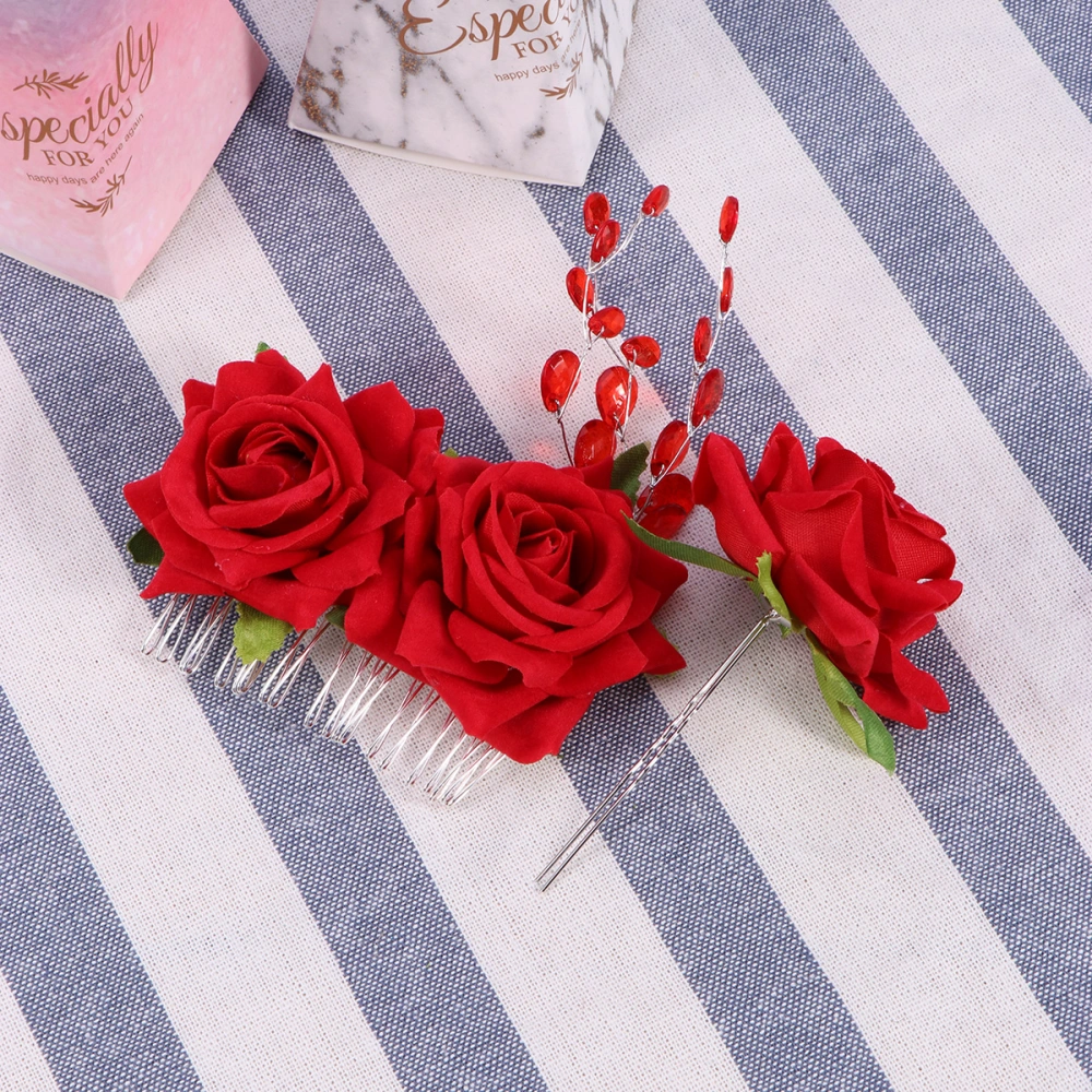 2pcs Bride Headdress Imitation Rose Flower Hair Stick and Hair Insert Comb for Wedding Party (Red)