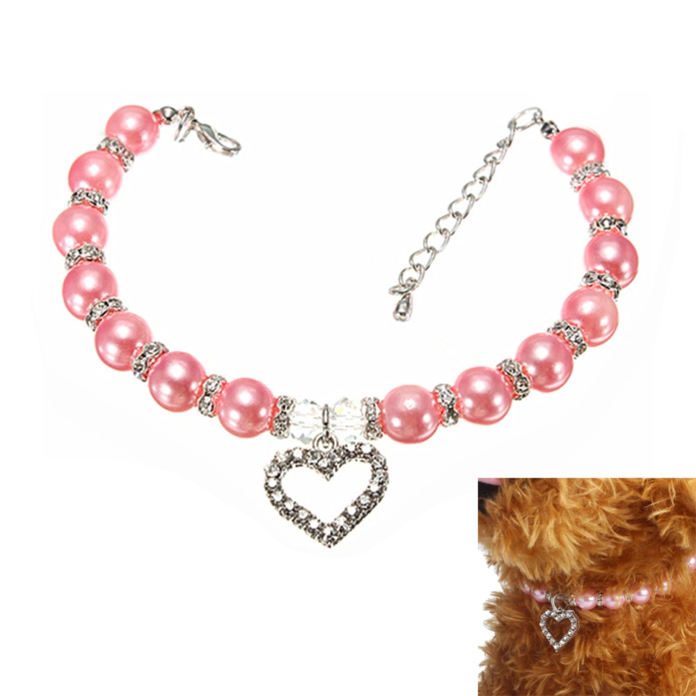 Pet Necklace Crystal Heart Pandant Pet Cat Dog Necklace Bling Pearls Jewelry Size M (Pink)