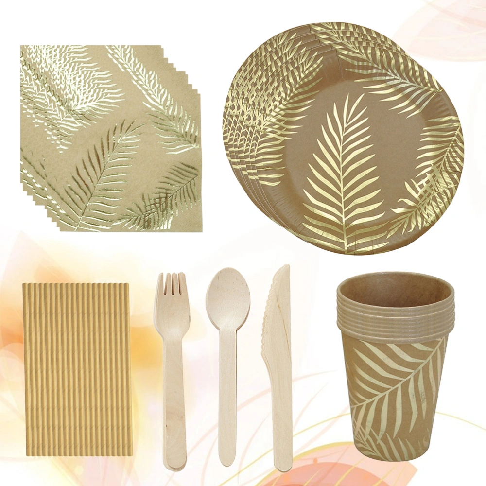 1 Set Palm Leaf Design Disposable Tableware Party Set Hot Stamping Paper Cup Plates Decor Printing Napkin Party Dinner Supplies for Birthday Party Carnival Festival