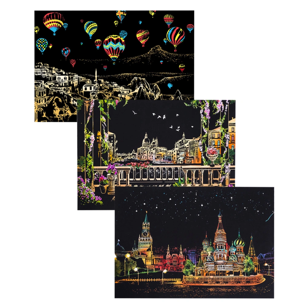 3 Pcs Large City Night Scratch Picture Night View Scraping Painting World Sightseeing Picture DIY Craft Birthday Gift (Russian Red Square/Venice Water City/Hot Air Balloon)