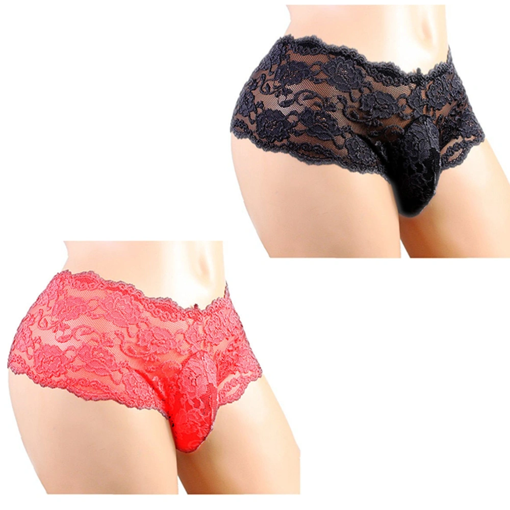 2pcs Men Lace Underpants Sexy Embroidery Underwear Briefs for Adults Lover Couples (Black and Red)