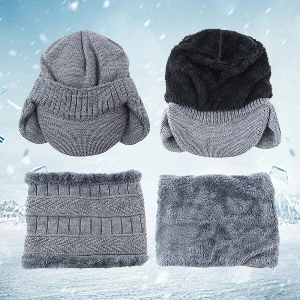 Knit Hat Men Use Plush Hedging Bib Suit Winter Keep Warm Head Hat and Neck Warmer Two-Piece Hat and Bib Black