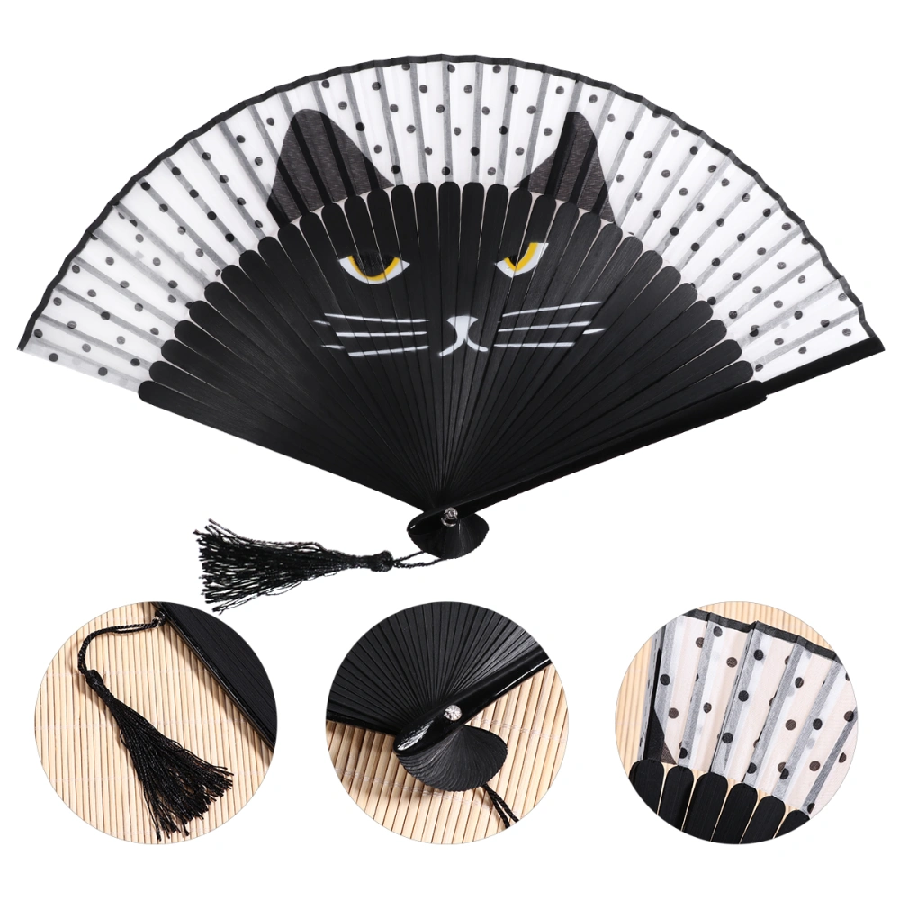 WINOMO Women Cartoon Cat Folding Silk Fan Handheld Fan (Black)