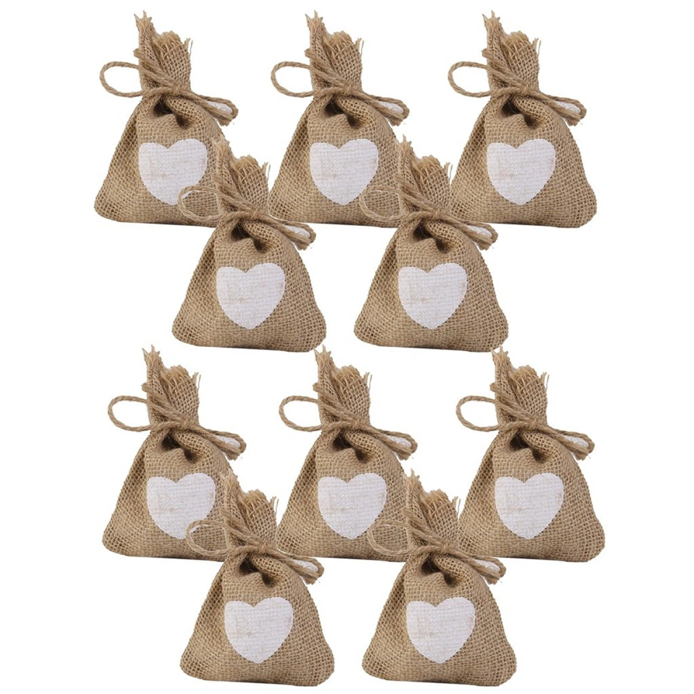 10PCS Linen Jute Sack Pouch Drawstring Gift Bags Candy Bags Wedding with Heart Pattern