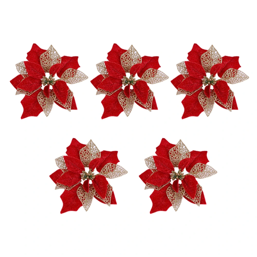 5pcs Christmas Glitter Flowers Cloth Artificial Floral Wreath Decoration Xmas Tree Accessories (Red)