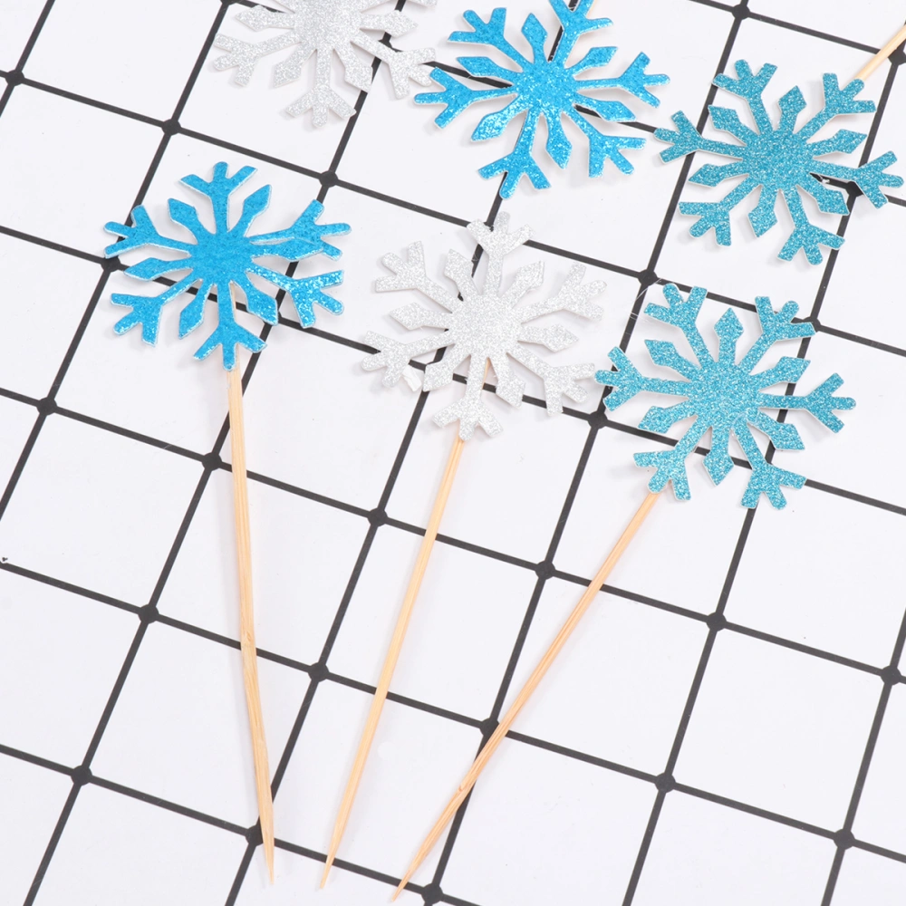 30PCS Snowflake Shaped Birthday Cake Toppers Cake Decoration Inserts Cake Picks Party Supplies (Silver and Blue and Royal Blue)