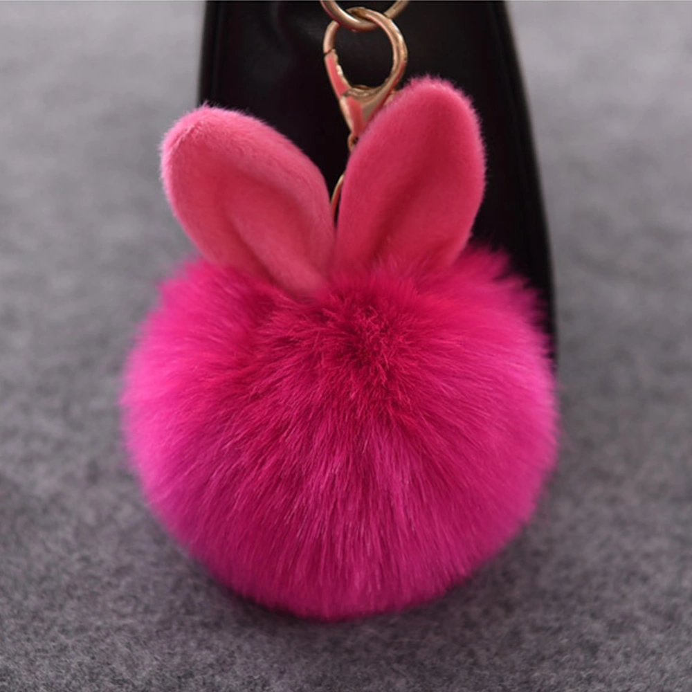 Pom Pom Fur Ball Keychain Rabbit Ear Keyring Bag Charm Decoration (Rose Red)