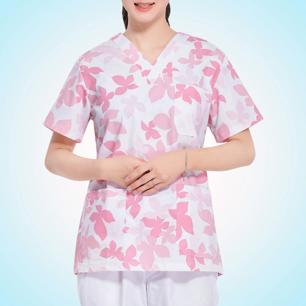 1 Set Maple Pattern Cotton Short Sleeve Hospital Working Uniform Two-Pieces Clothes Fashion V Neck Labour Costume for Beautician Nurse Clinic (Pink, Size M)