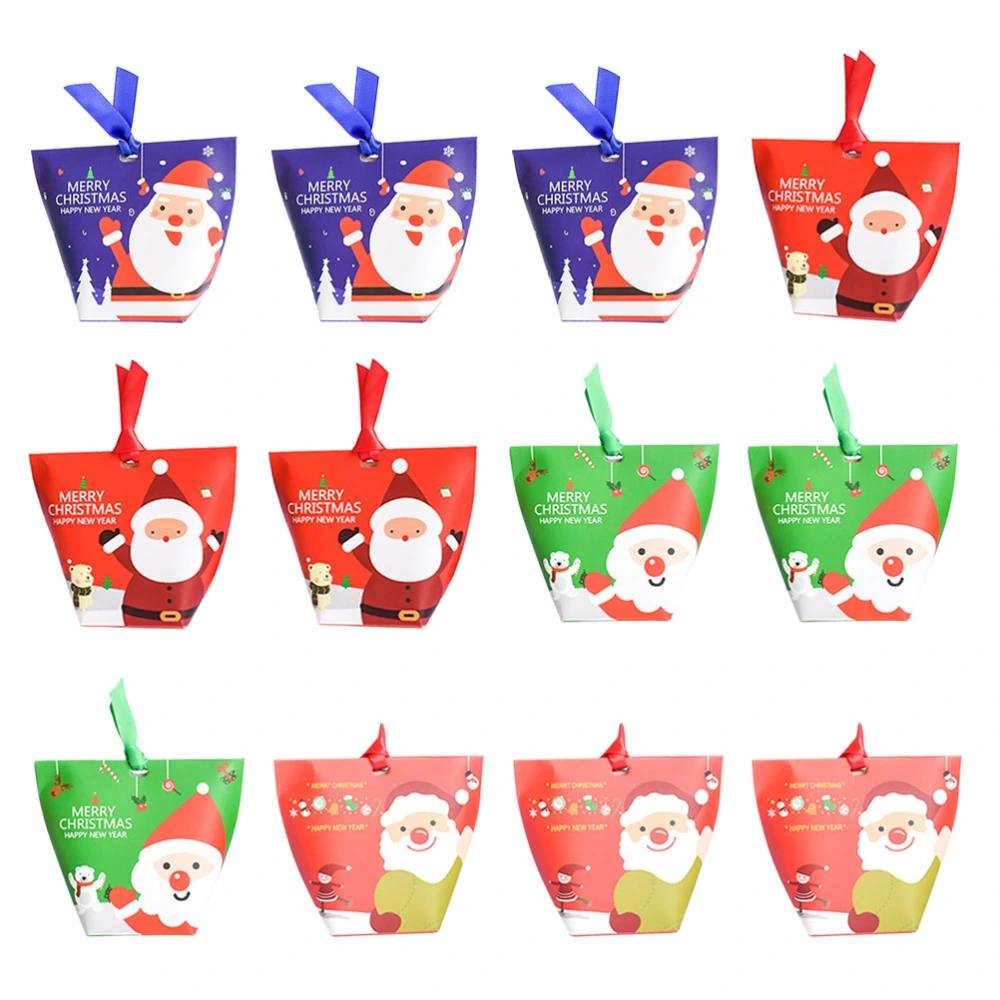 12pcs DIY Christmas Gift Bags with Ribbon Santa Claus Pattern Candy Apple Paper Box Container for Christmas Eve (Assorted Color)