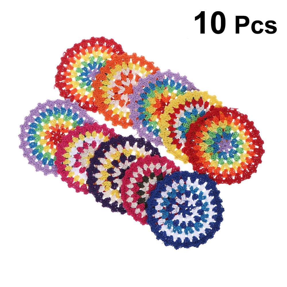 10pcs Crochet Decorative Coasters Tea Cup Mat Cotton Coasters Creative Mug Pad Handcraft Rainbow Color Coasters Round Cup Mat (Random Color)