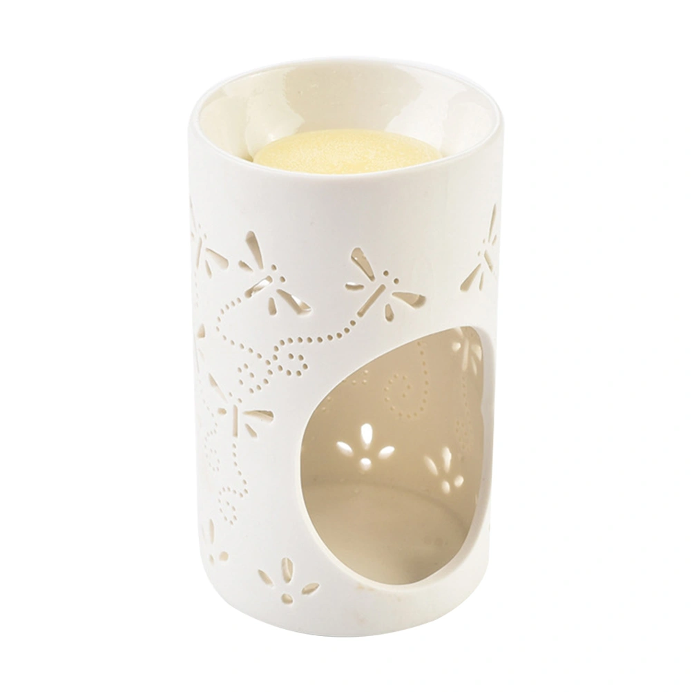 Ceramic Tea Light Holder Candlestick Hollow Dragonfly Pattern Shape Candle Rack Aromatherapy Essential Oil Burner Decoration for Living Room Balcony Patio Porch Garden (White)
