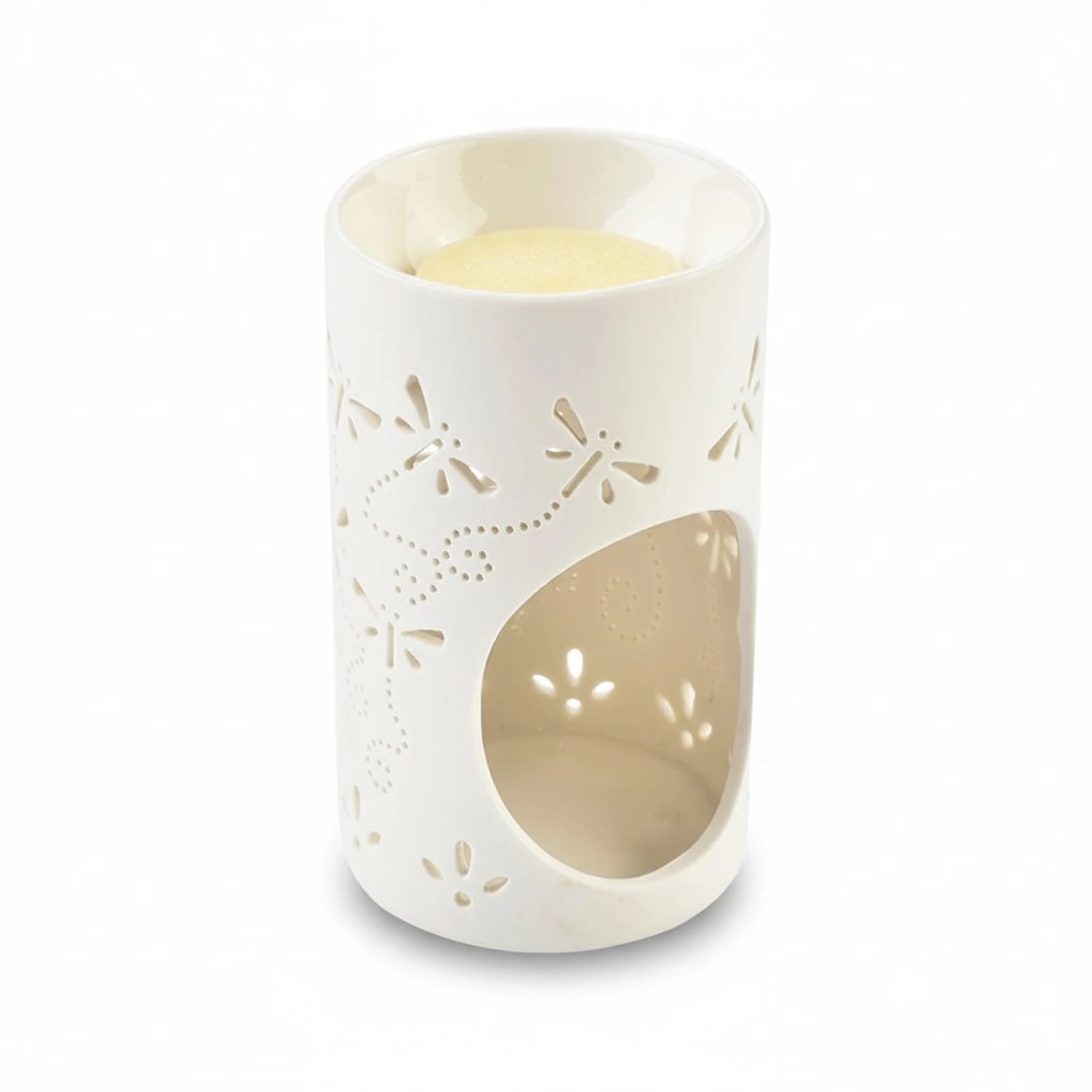 Ceramic Tea Light Holder Candlestick Hollow Dragonfly Pattern Shape Candle Rack Aromatherapy Essential Oil Burner Decoration for Living Room Balcony Patio Porch Garden (White)