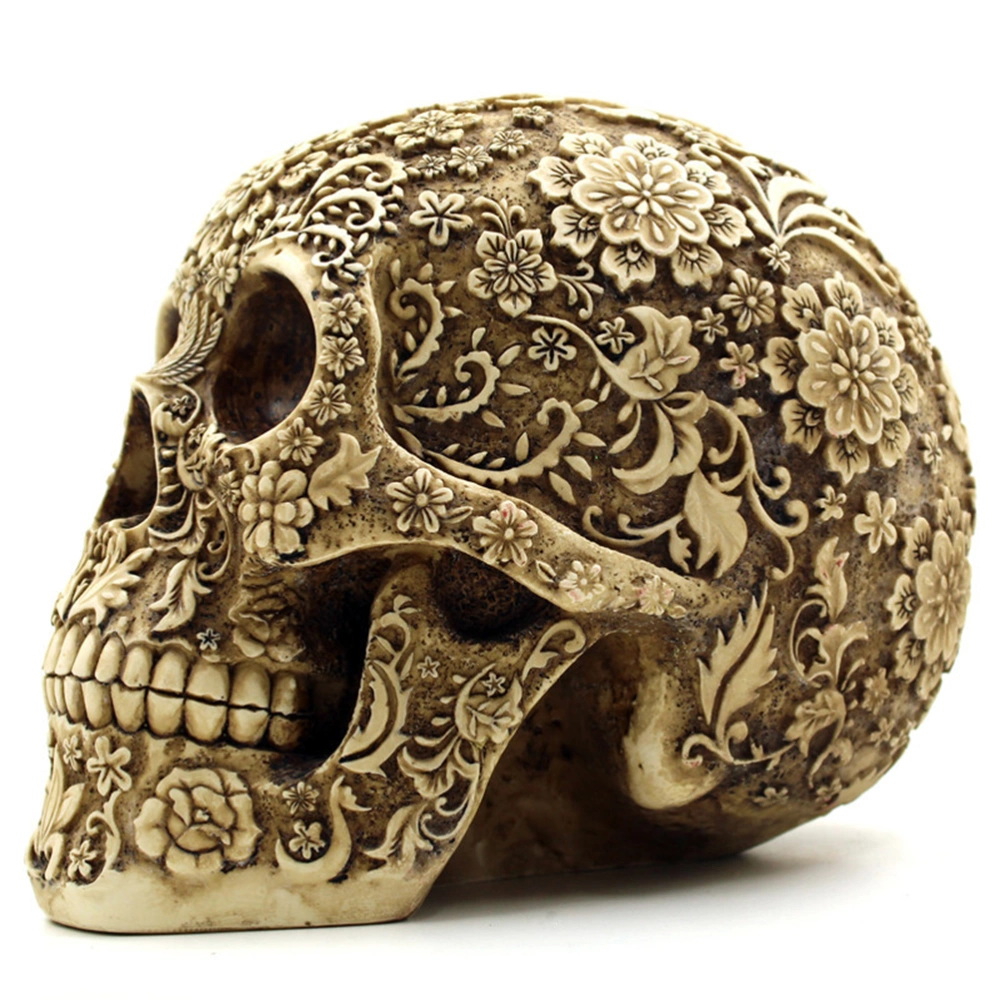 Resin Skull Realistic Human Skull Gothic Halloween Decoration Ornament (Flowers)