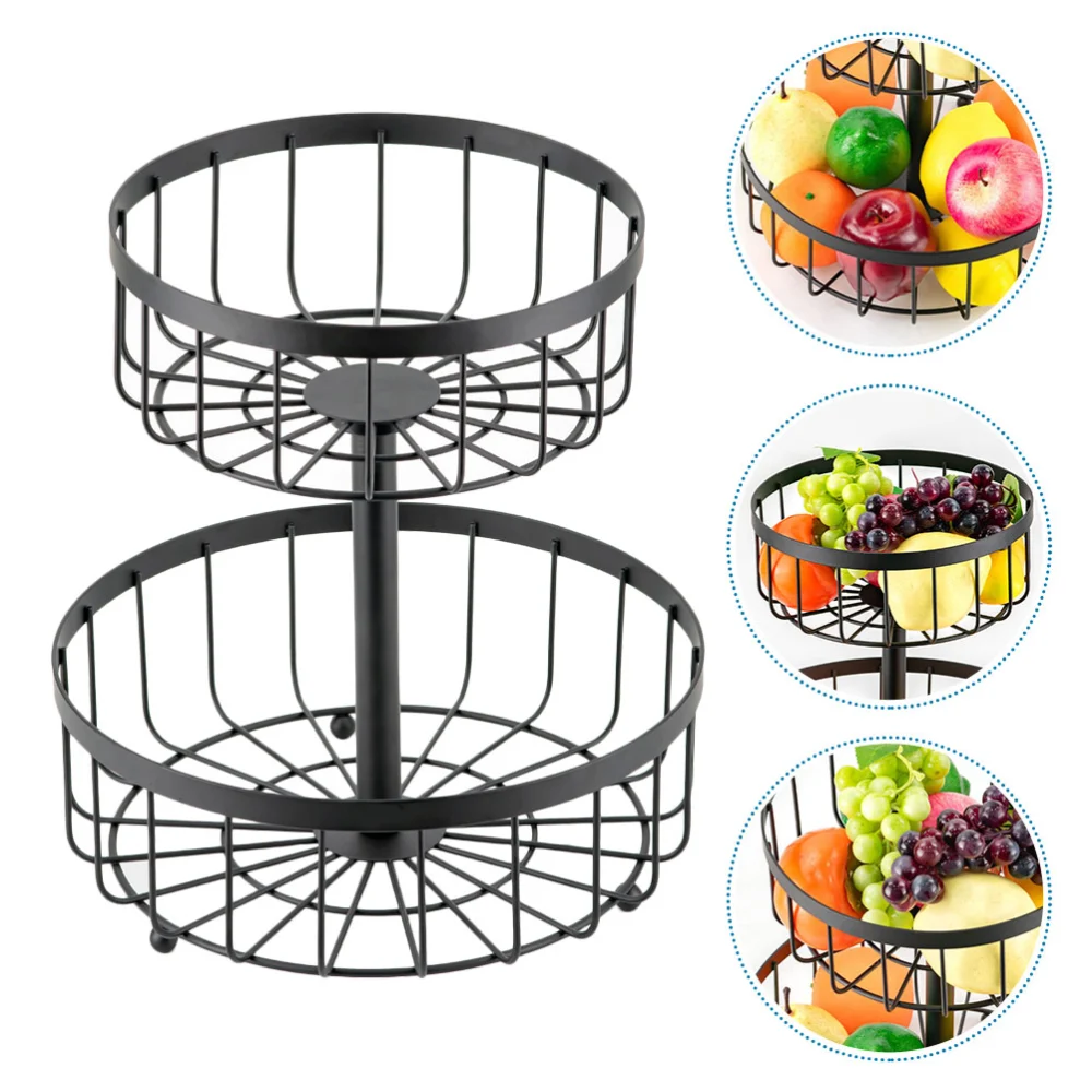 1pc Double Layer Iron Art Fruit Storage Basket Snack Holder Storage Rack (Black)