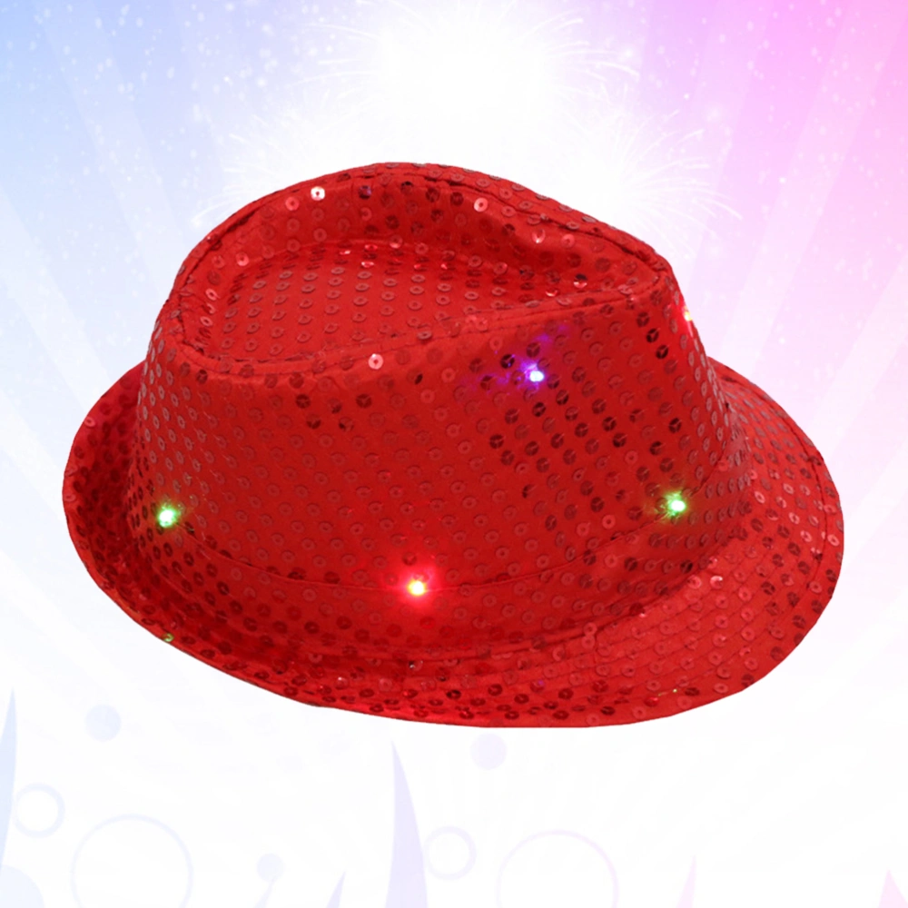 LED Luminous Jazz Hat Stage Props Flash Cowboy Hats with Glitter Sequins Decor for Party (Red)