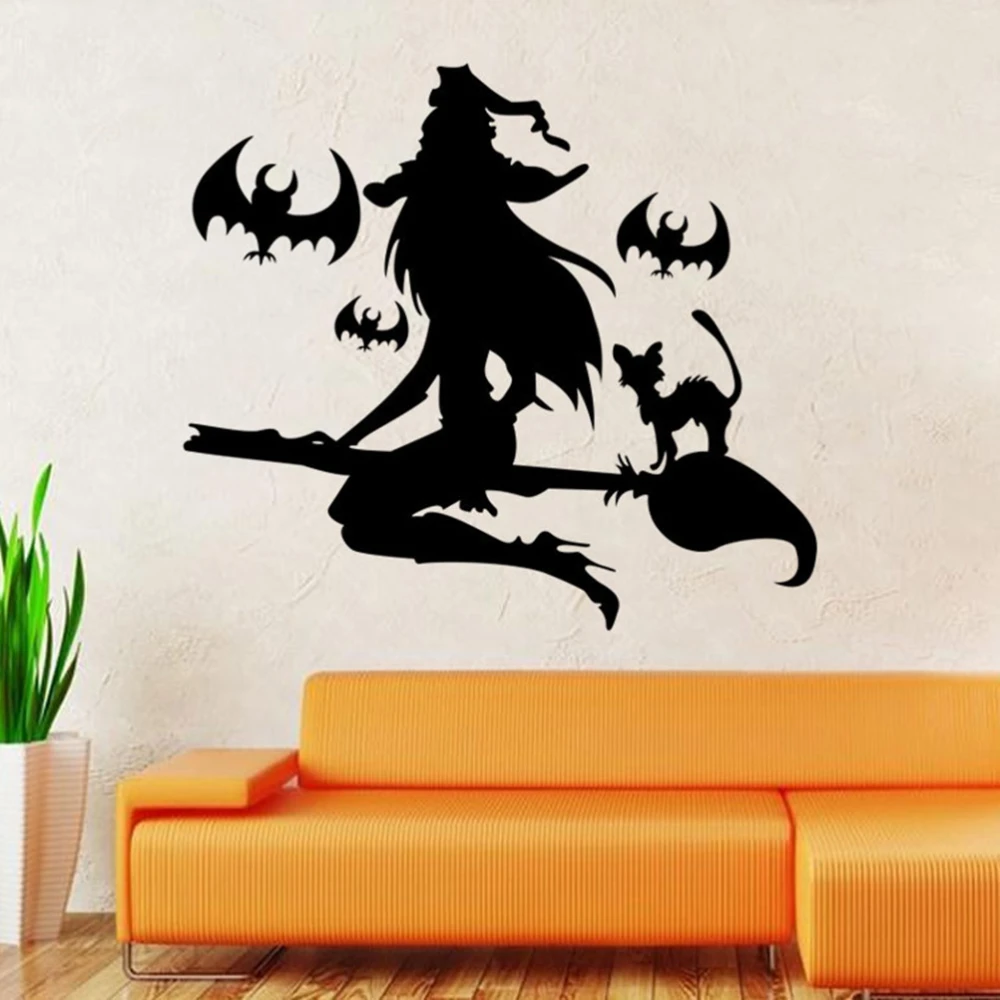 Happy Halloween Witch and Bats Tomb Wall Decals Window Stickers Halloween Decorations