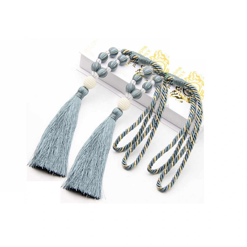 2 Pcs Curtain Tiebacks Handmade Beaded Window Curtain Holdbacks Tassel Hanging Drapery Decor (Gray-blue)