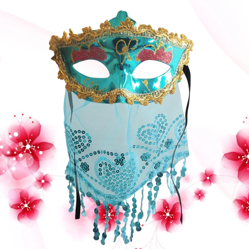 Mysterious Veil Cosplay Mask Halloween Masquerade Venice Belly Dance Veil Mask for Carnival Dance Party (Blue, Random Frame Color)