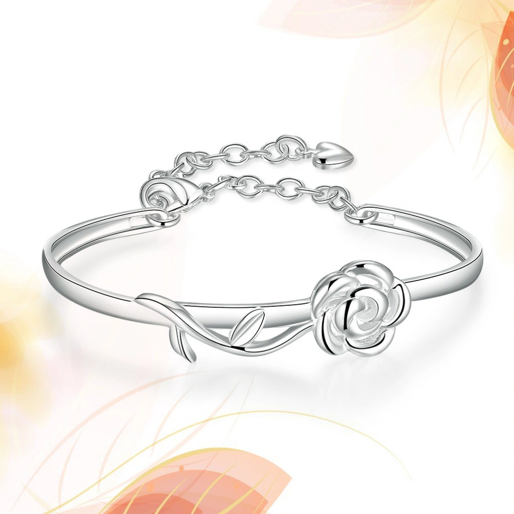 Silver Plated Bangle Adjustable Rose Flower Bracelets Jewelry Gift for Women Girls