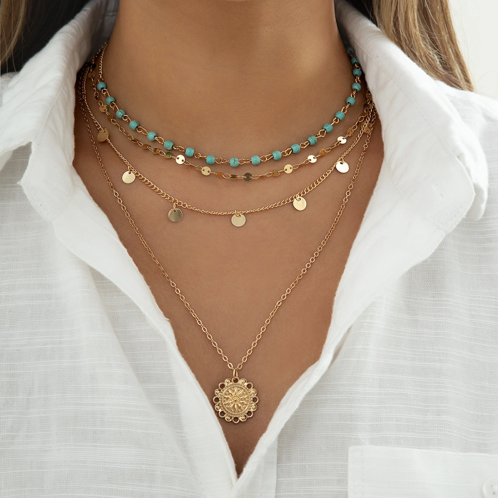 Simple Slim Chain Turquoise Beaded Flower Disk Pendant Necklace For Women