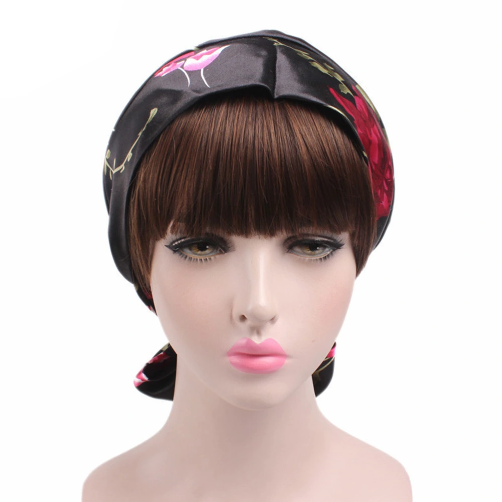 Printed Bow Women Hood Braid Wrap Stretch Turban Hat Hair Head Scarf Chemo Head Wrap(Black)