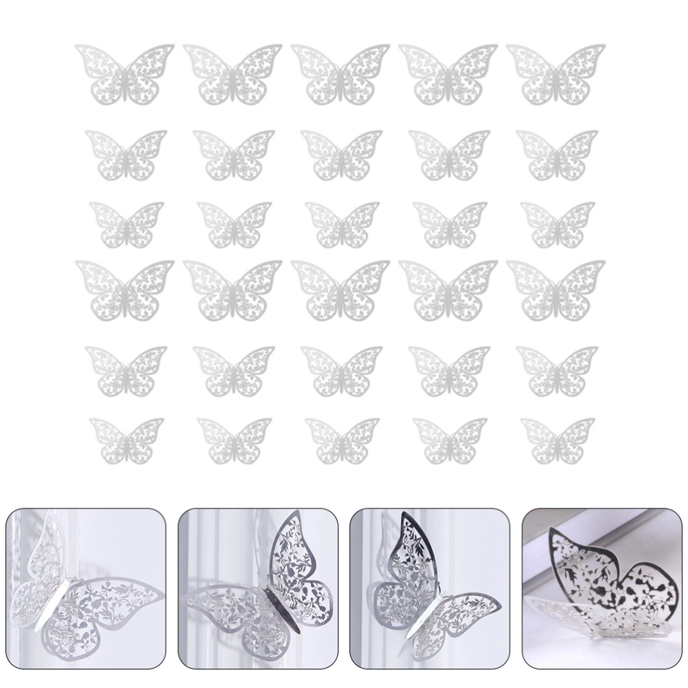 24pcs Wall Sticker 3D Butterflies Wall Decal Removable Wall Decor Bedroom Silver