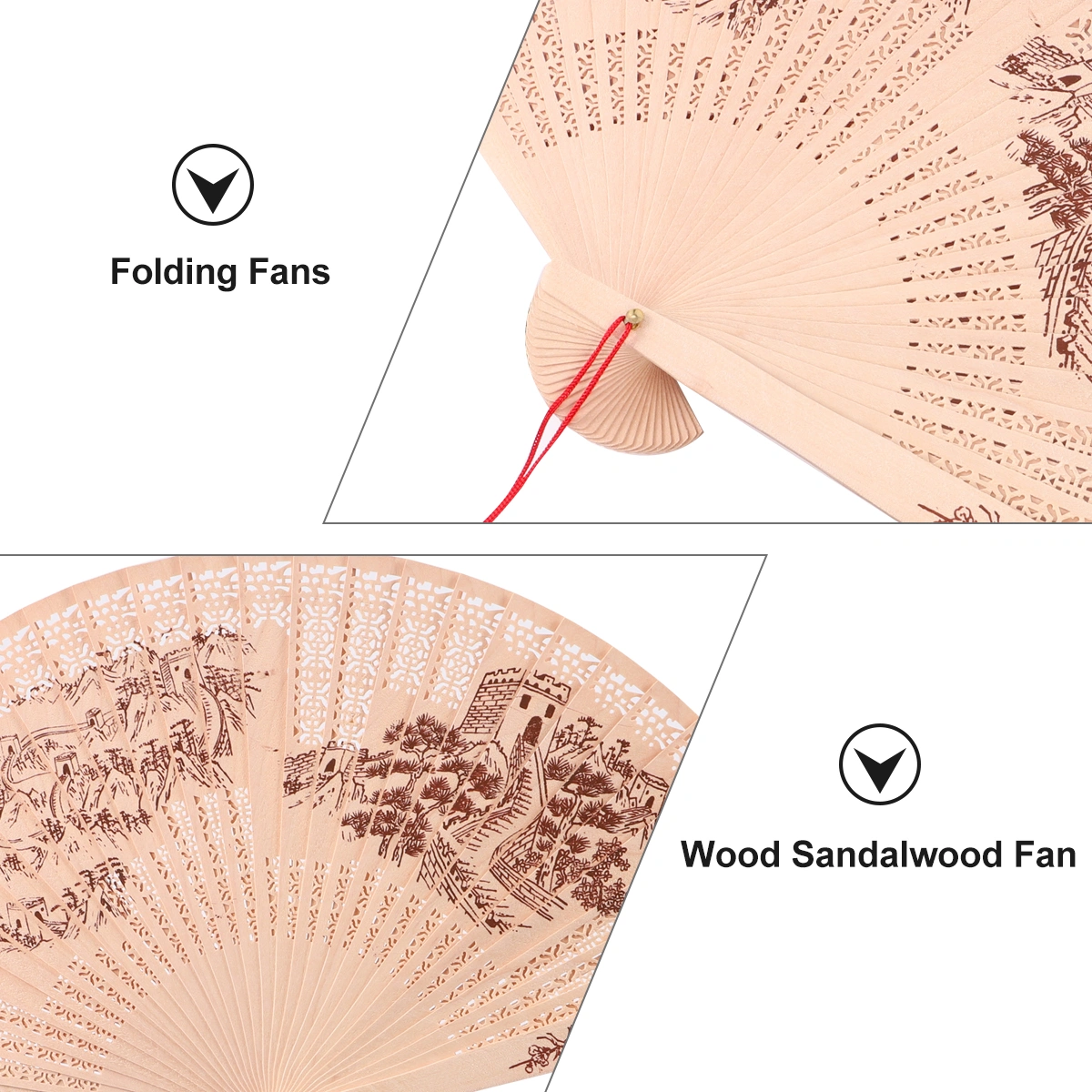 2pcs Folding Fans Wood Sandalwood Fan Chinese Style Classic Folding Fans (Golden Silk, the Great Wall Style)