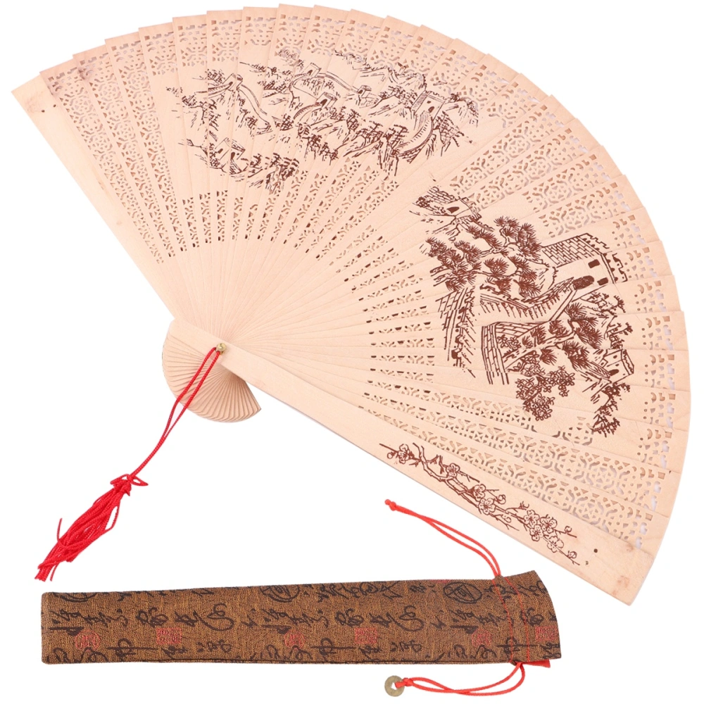 2pcs Folding Fans Wood Sandalwood Fan Chinese Style Classic Folding Fans (Golden Silk, the Great Wall Style)