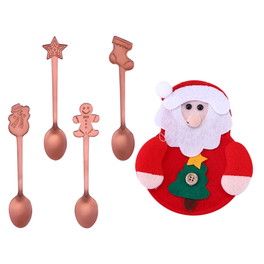 5pcs Creative Christmas Spoons Set Cartoon Stainless Steel Spoons with Bag Tableware for Home Restaurant (4 Rose Gold Spoons and 1 Santa Shape Bag)