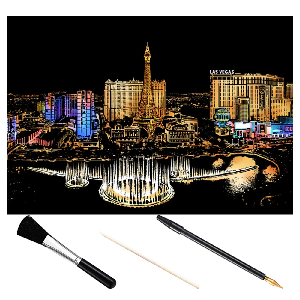 1 Set of 4pcs DIY Scratch Picture Las Vegas Nocturne Scratching Drawing Painting Paper Scratchboard with Bamboo Stick Gold-plated Pen Brush