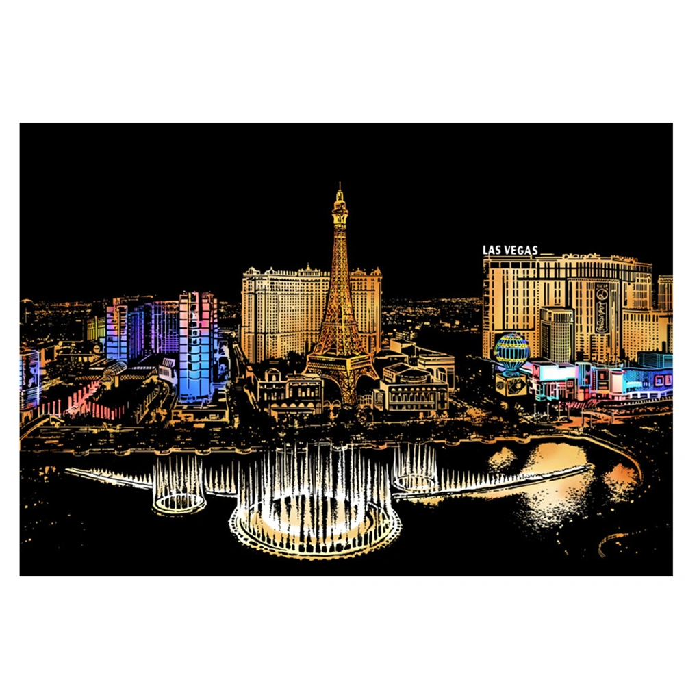 1 Set of 4pcs DIY Scratch Picture Las Vegas Nocturne Scratching Drawing Painting Paper Scratchboard with Bamboo Stick Gold-plated Pen Brush