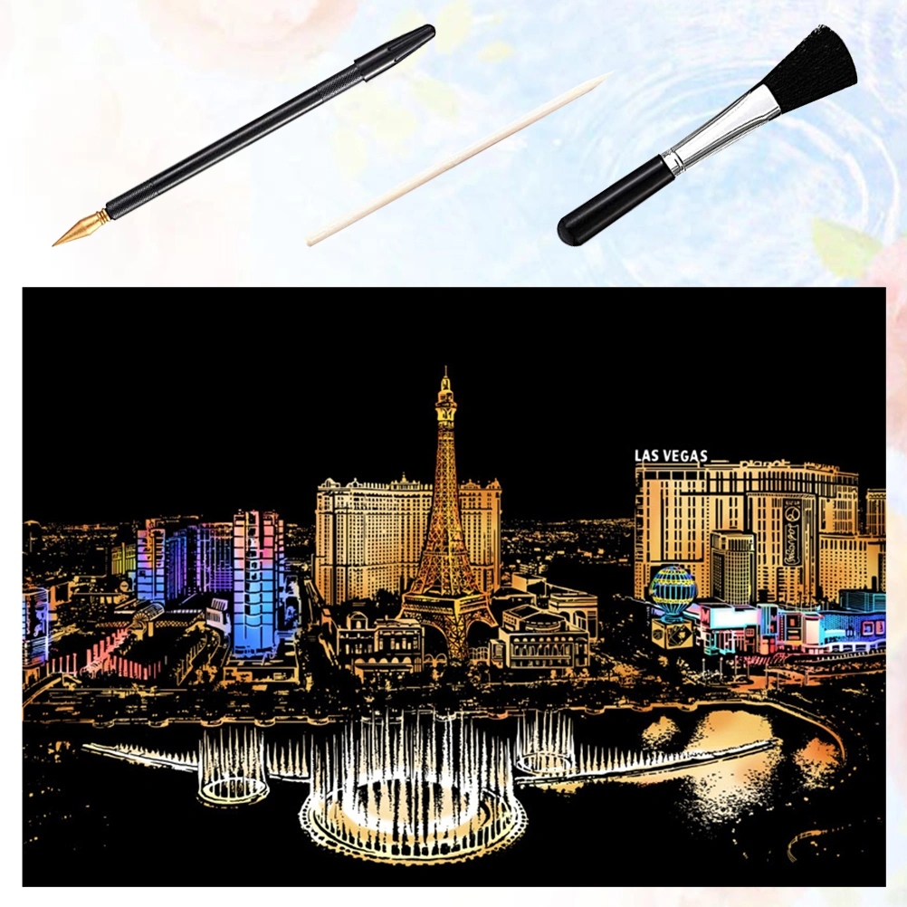 1 Set of 4pcs DIY Scratch Picture Las Vegas Nocturne Scratching Drawing Painting Paper Scratchboard with Bamboo Stick Gold-plated Pen Brush