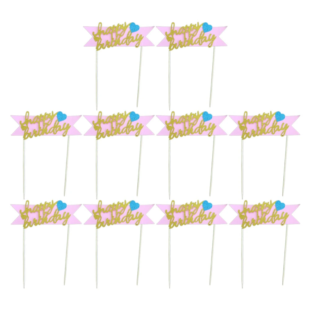 10pcs Pink Birthday Cake Toppers Letter Printing Cake Picks  Glitter Heart Cake Decoration Birthday Party Dessert Insert Favor